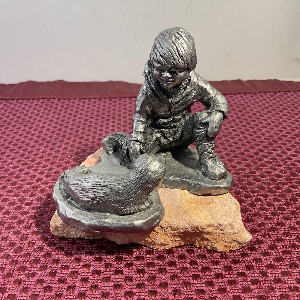 Pewter Sculpture by Michael A Ricker Seal and Boy “BELTON” numbered with certif